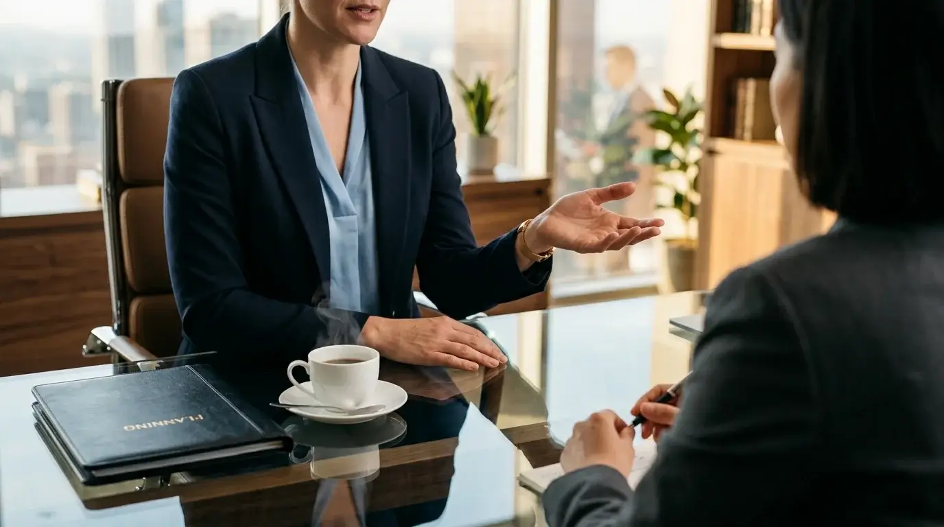 VIP account manager in business conversation with seated client across a glass desk