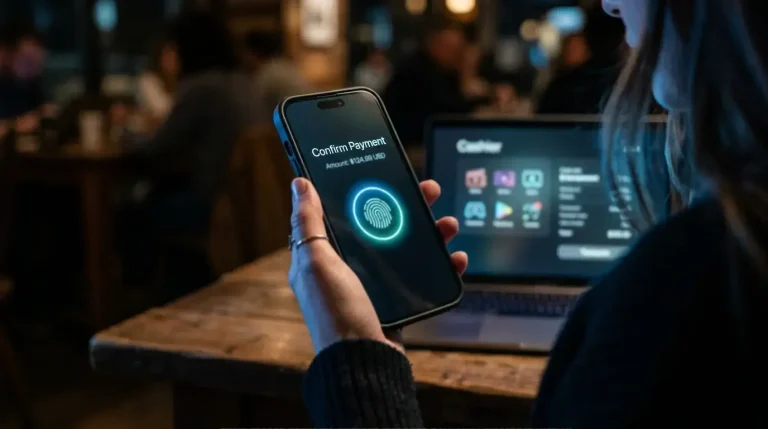 Smartphone showing Apple Pay biometric prompt for a casino cashier payment