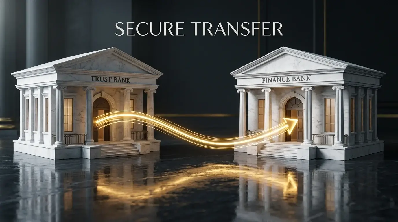 Two stylised bank-building icons connected by a single thin arrow indicating directional transfer