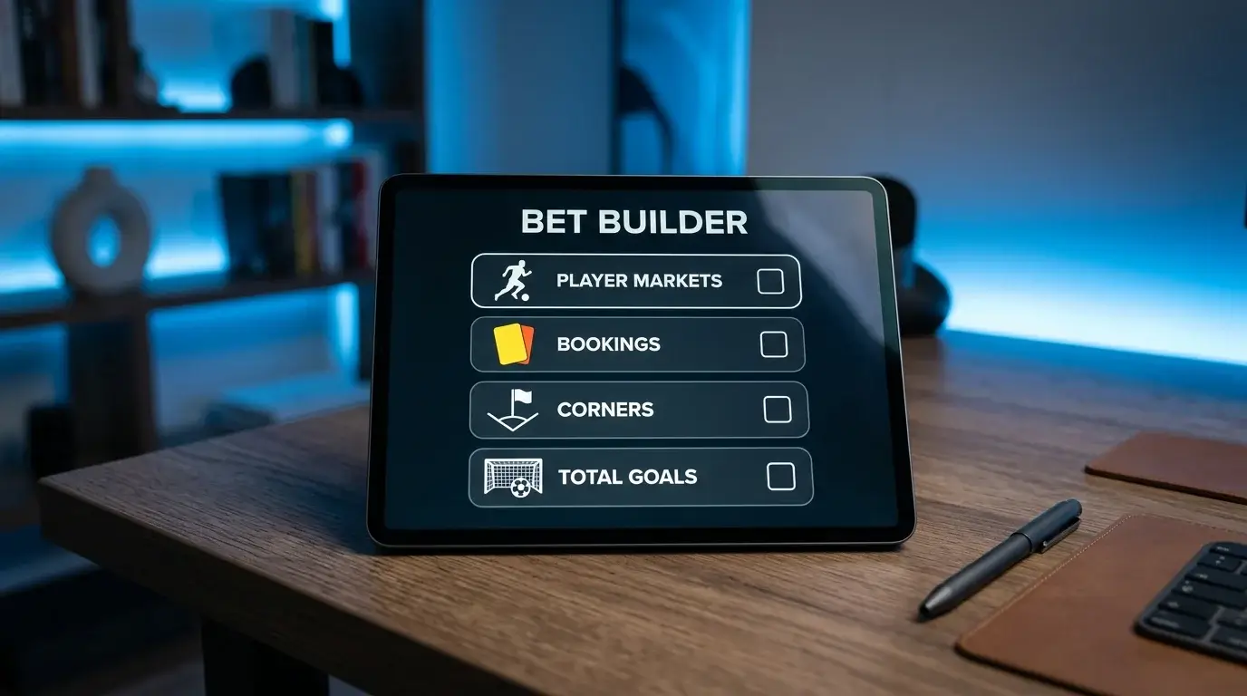 Tablet displaying a bet builder interface with multiple selectable market modules stacked