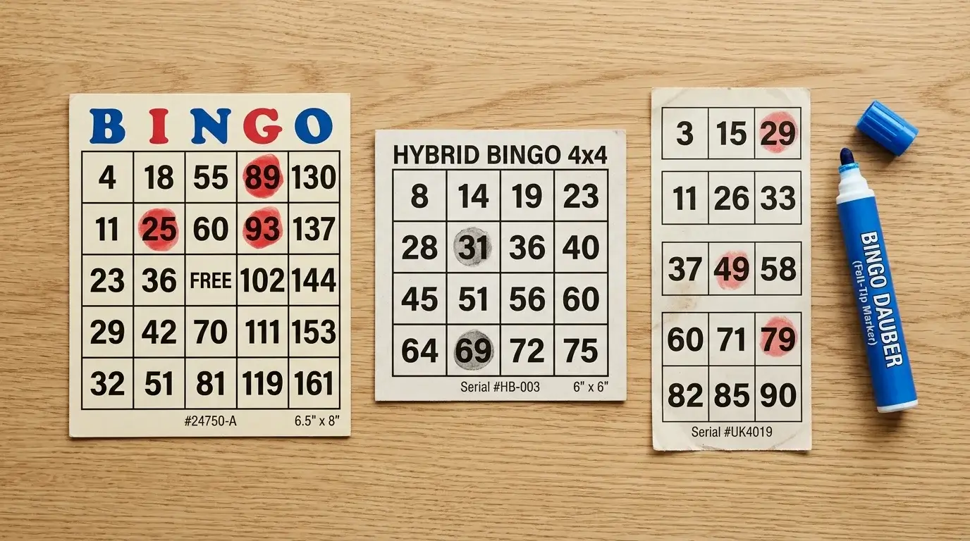 Three printed bingo card formats — 75-ball, 80-ball, 90-ball — laid out on a wooden desk