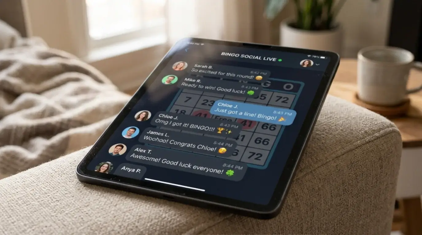 Tablet displaying online bingo chat panel with multiple participant message bubbles