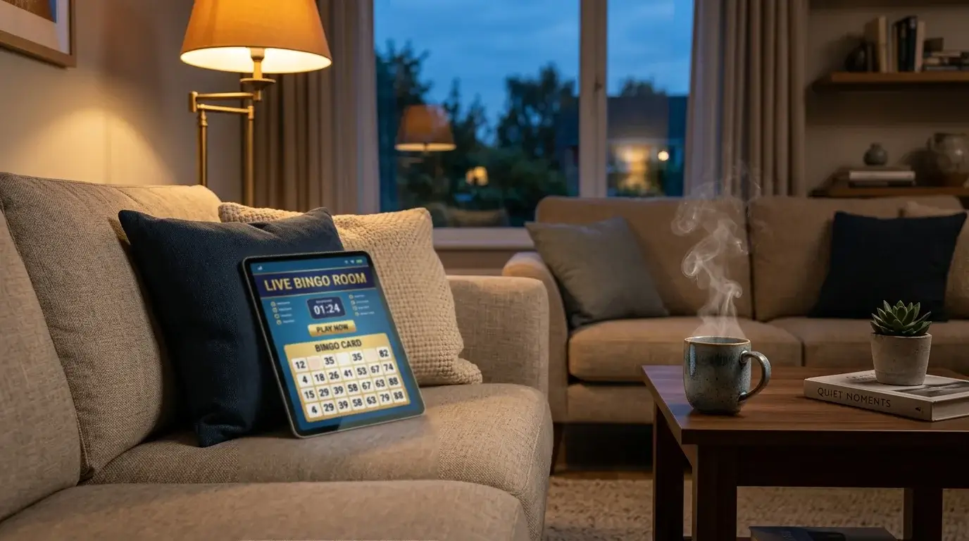 Domestic evening living room scene with a tablet propped on cushions showing a bingo lobby