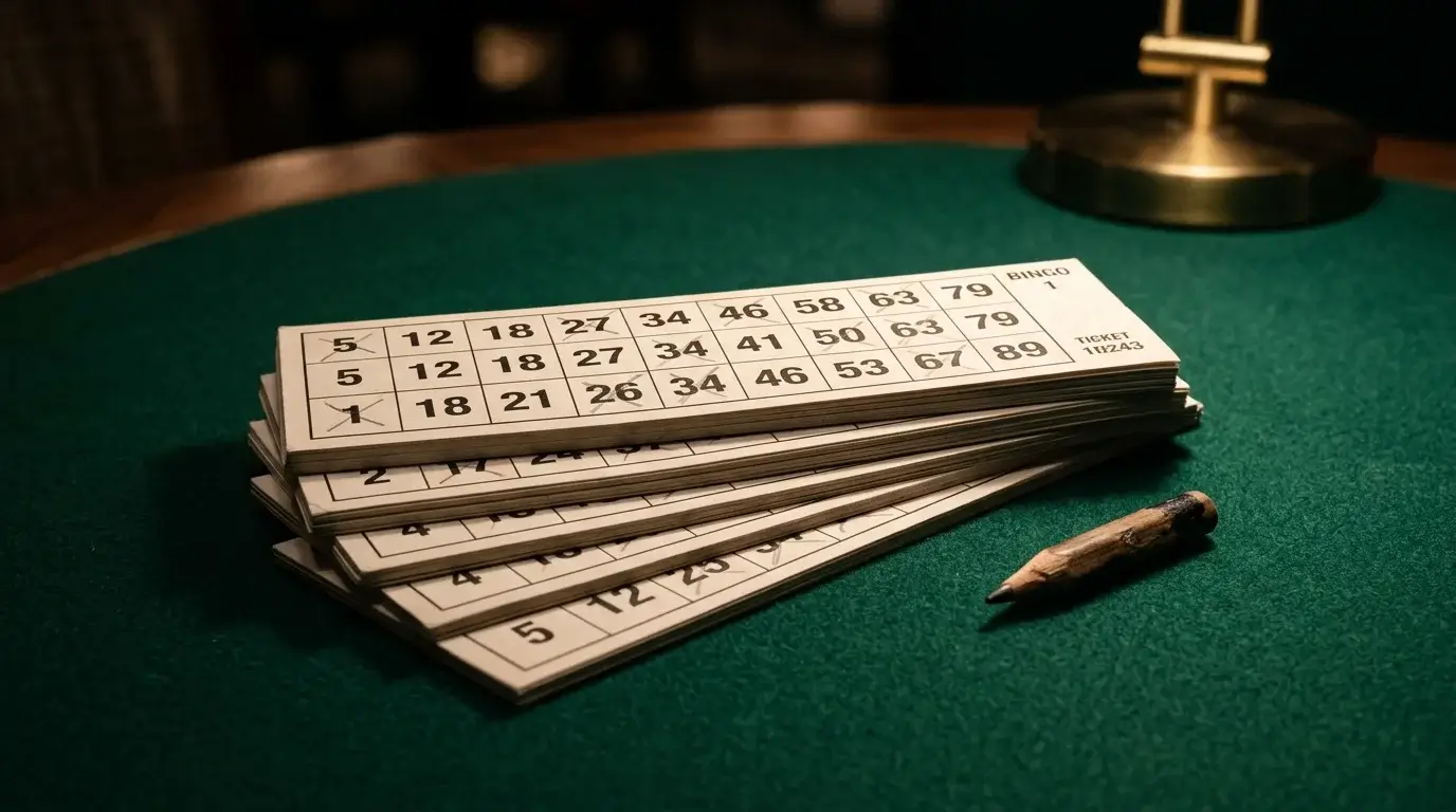 Strip of printed bingo tickets stacked neatly on a desk under warm reading light
