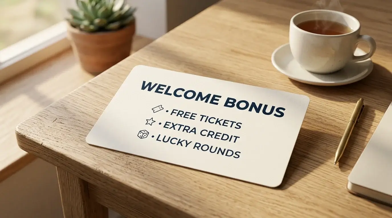 Printed promotional card with bingo welcome bonus terms laid on a wooden desk