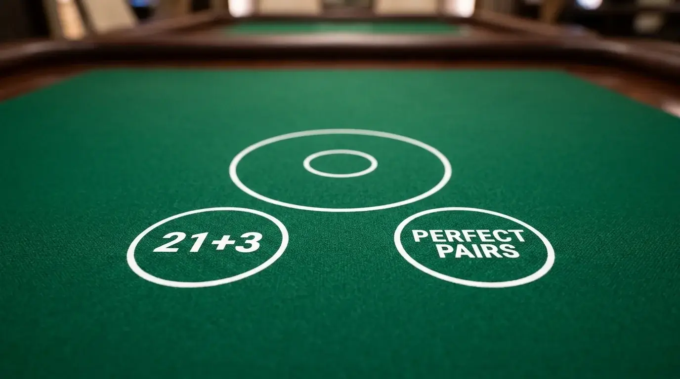 Close-up of blackjack table layout showing dedicated side bet betting positions on the felt