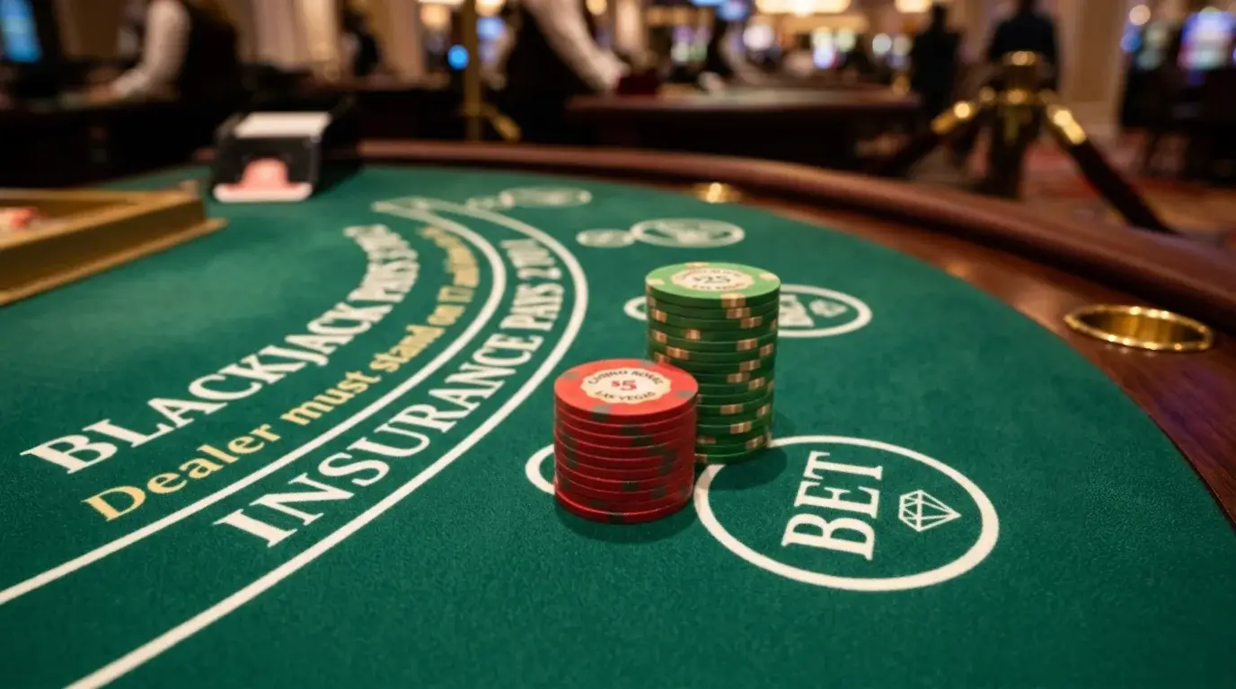 Green-felt blackjack table corner with two neatly arranged stacks of plain casino chips