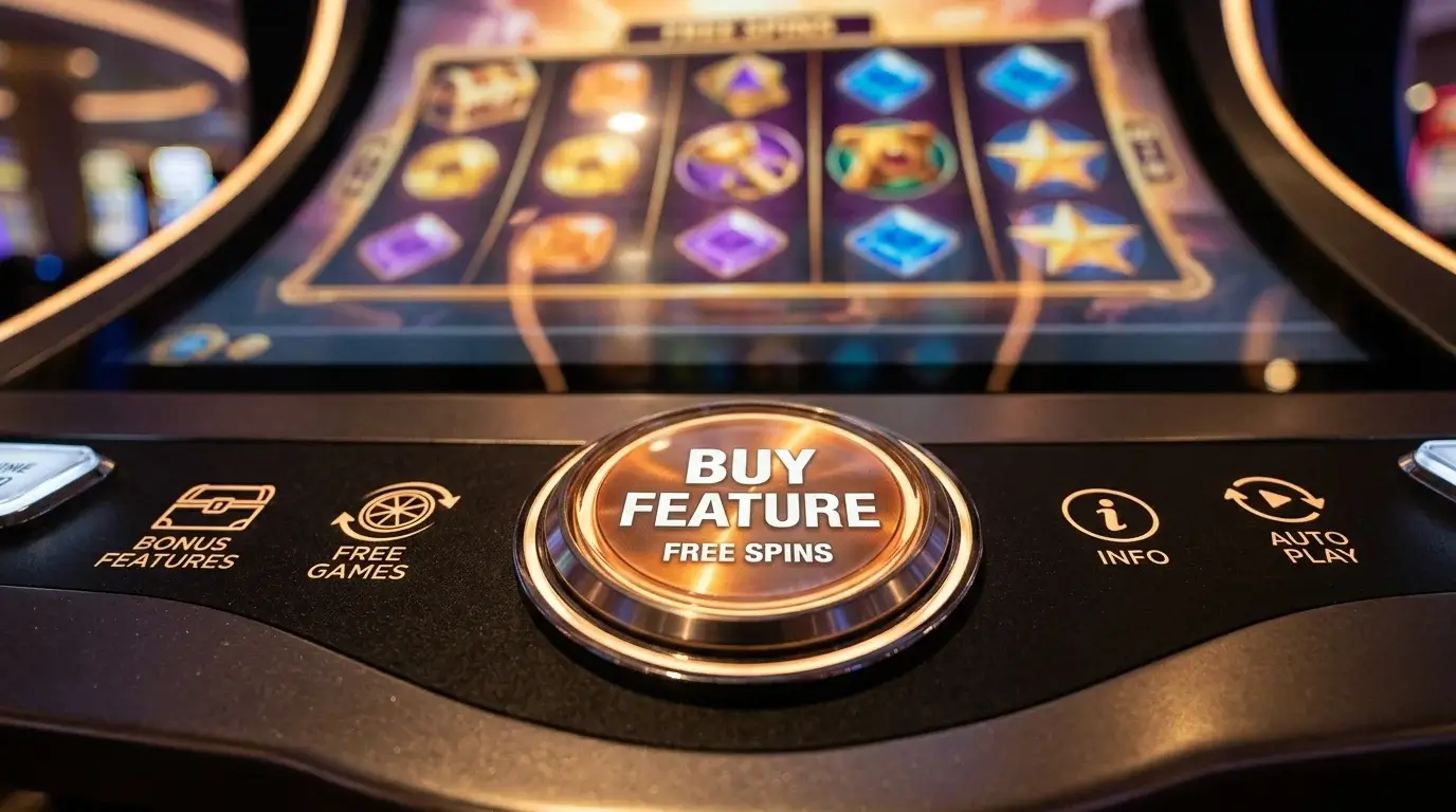 Stylised in-game bonus buy panel on slot screen with prominent feature buy call-to-action button