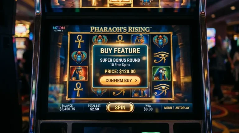 Slot machine close-up showing buy bonus feature panel with engaged button in editorial framing