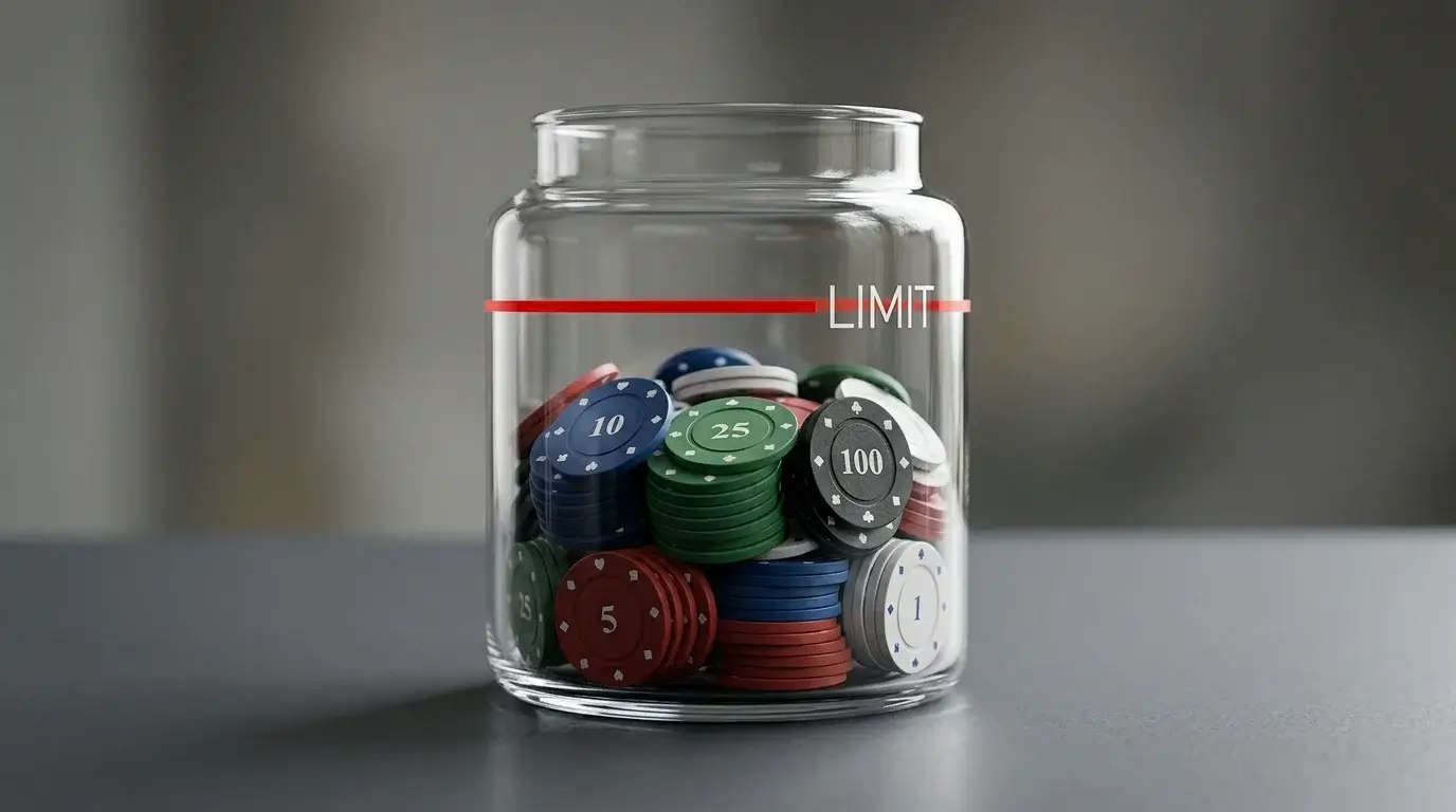 Glass jar partially filled with chips and a horizontal line marking a maximum limit above the level