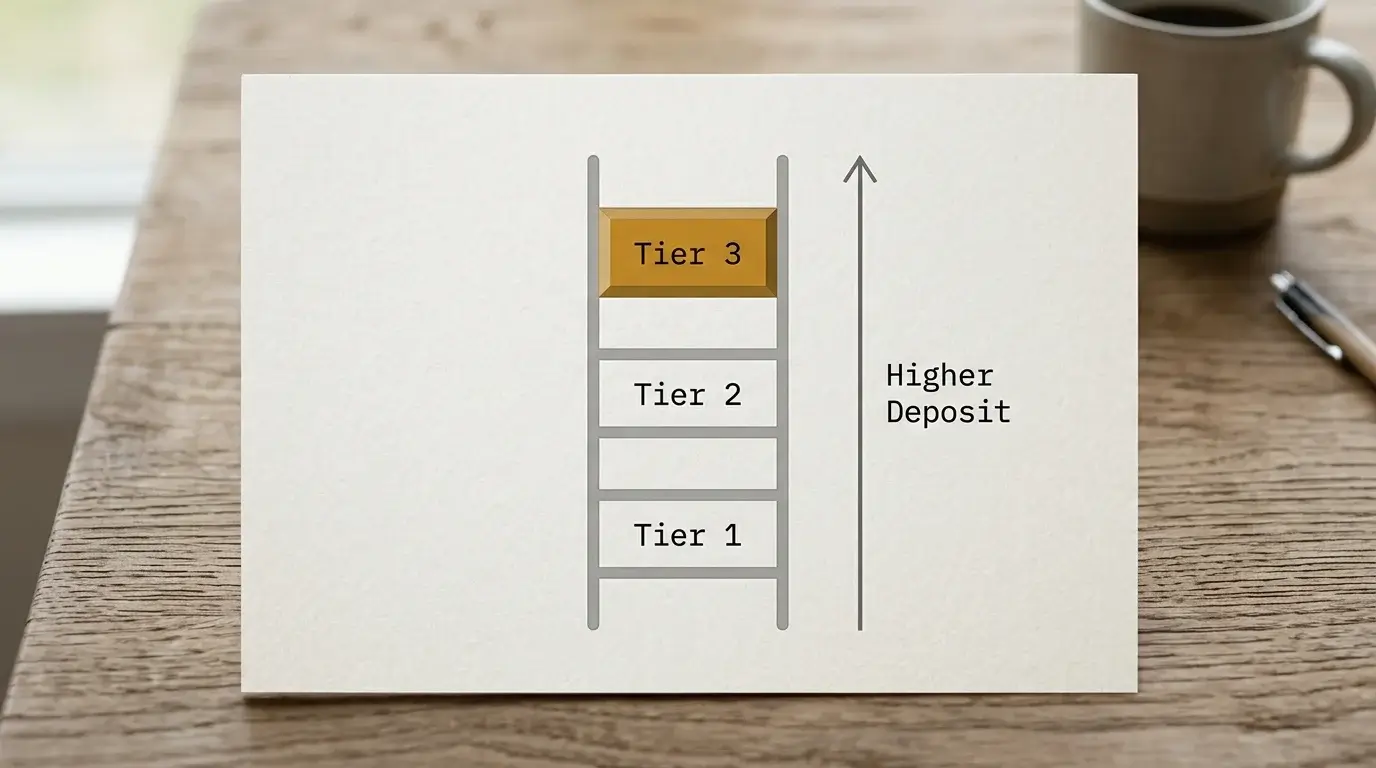 Diagram of bonus eligibility tiers triggered by deposit amount thresholds