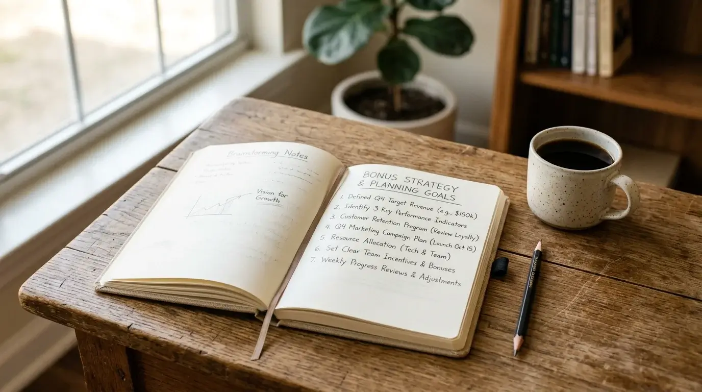 Open notebook with handwritten pencil notes and a small mug of coffee beside it on a wooden desk