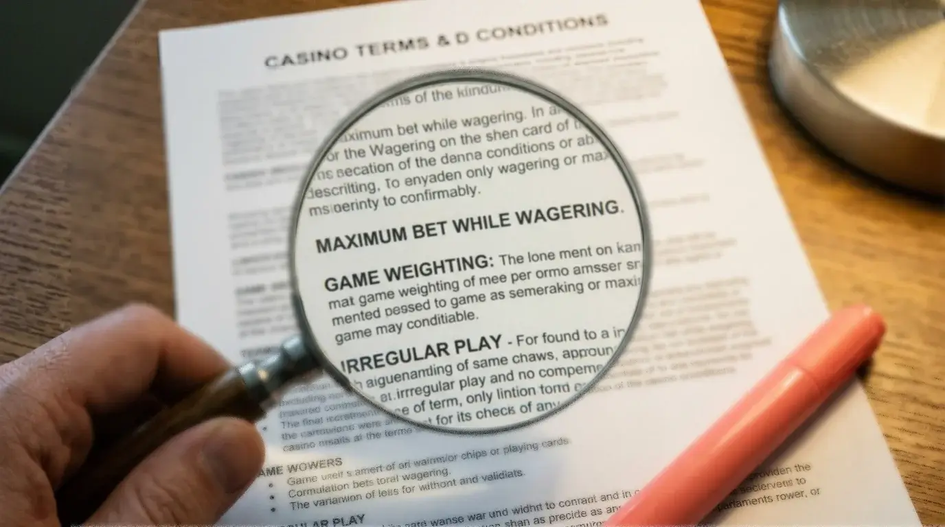 Magnifying glass over fine-print clauses of a casino bonus agreement showing maximum-bet and irregular-play rules
