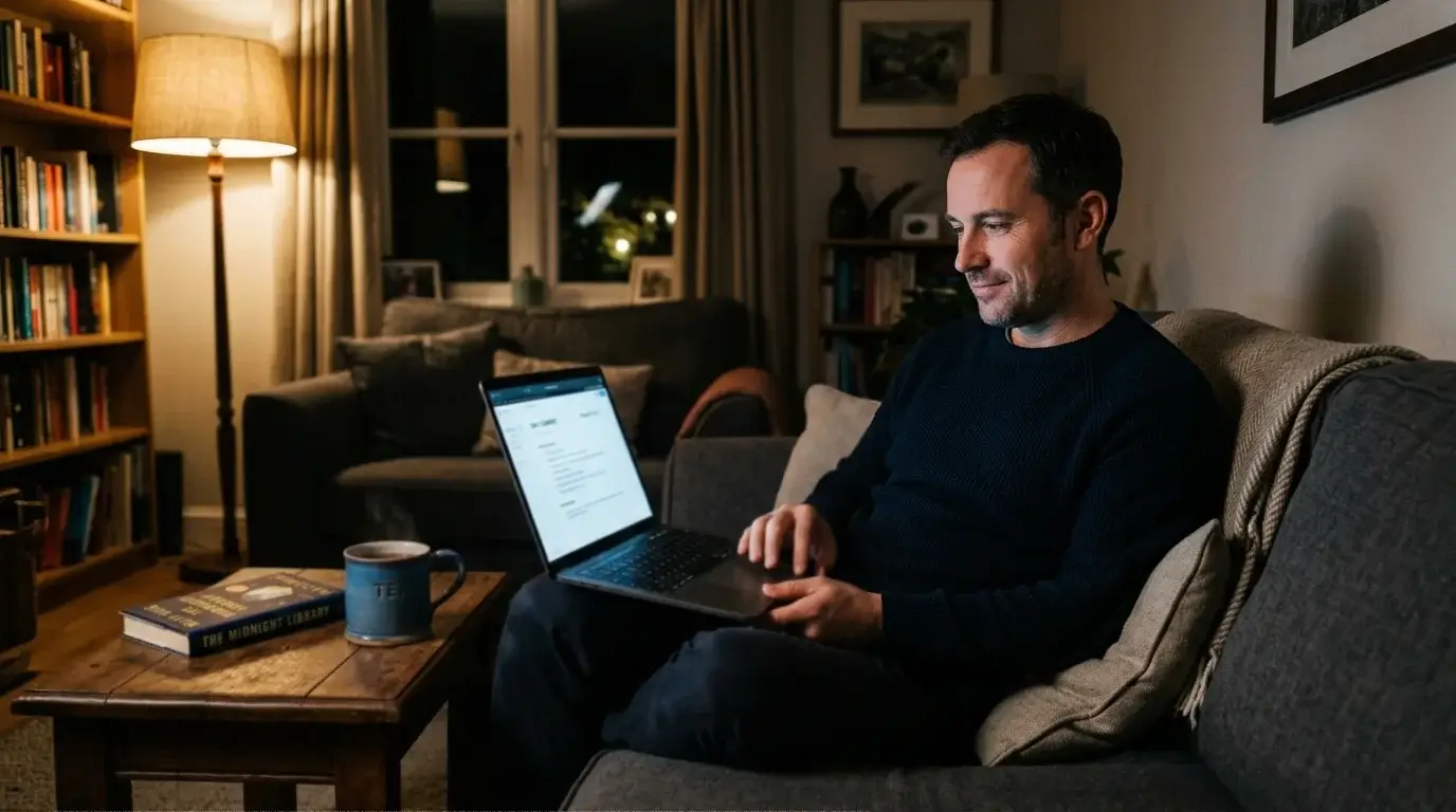 Adult UK player illuminated by a laptop screen late at night in a quiet living room