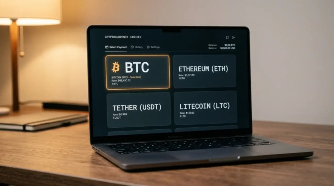 Cashier showing Bitcoin alongside other supported cryptocurrencies at a non-GamStop site