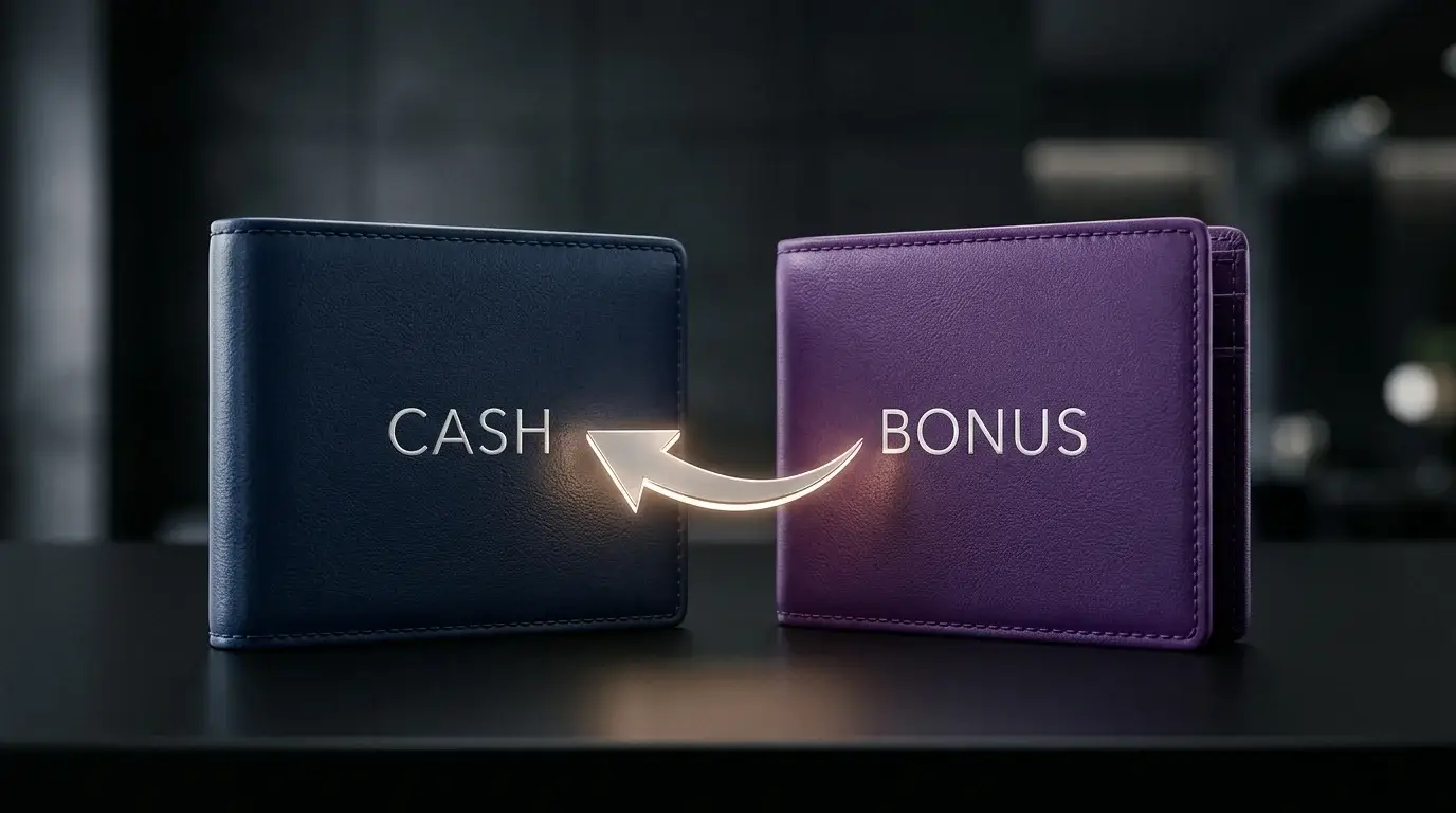 Two distinct stylised wallets side by side, one marked cash and one marked bonus, with directional arrows