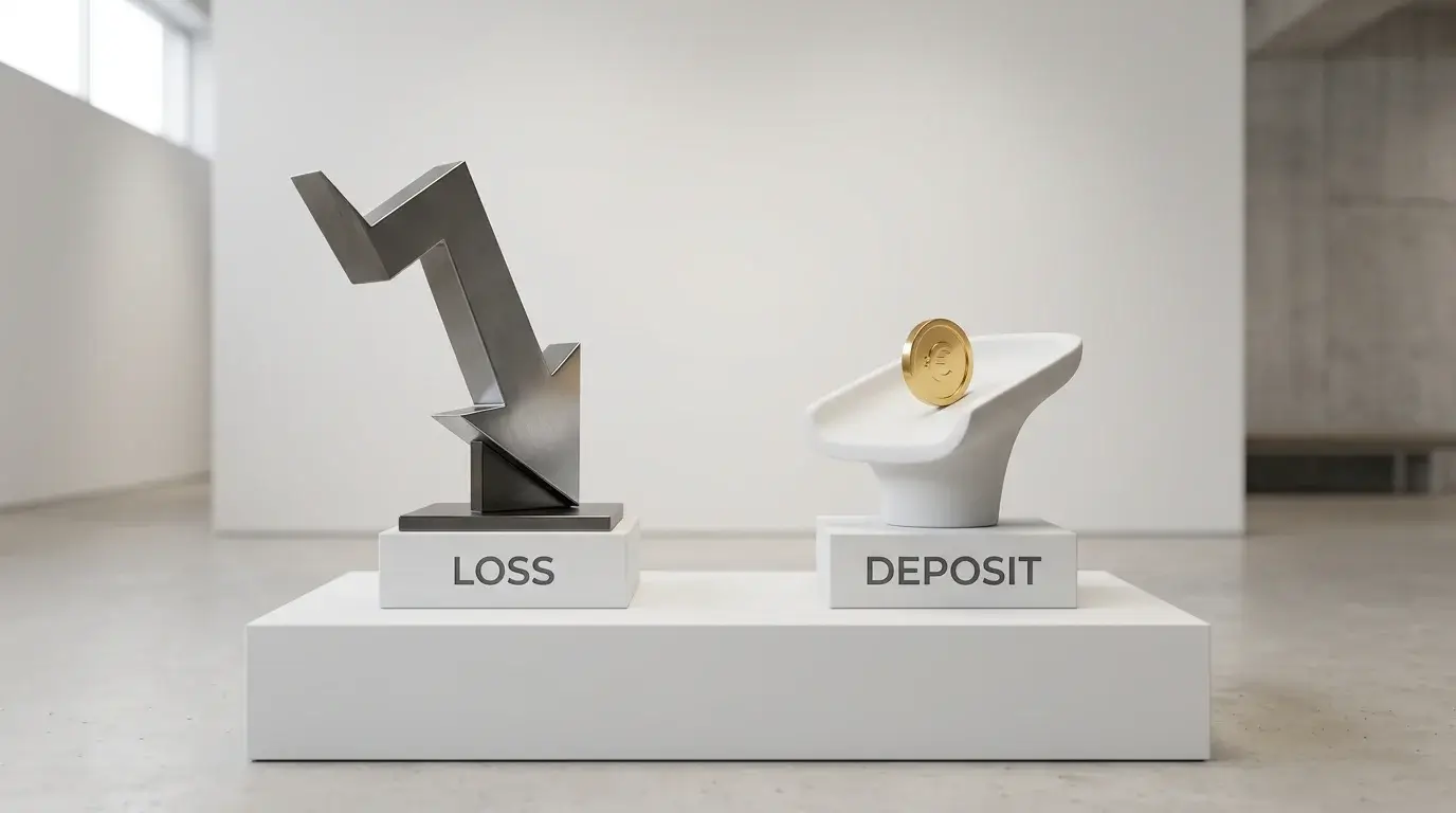 Two large symbolic icons side by side, one of a downward arrow and one of a deposit-in tray