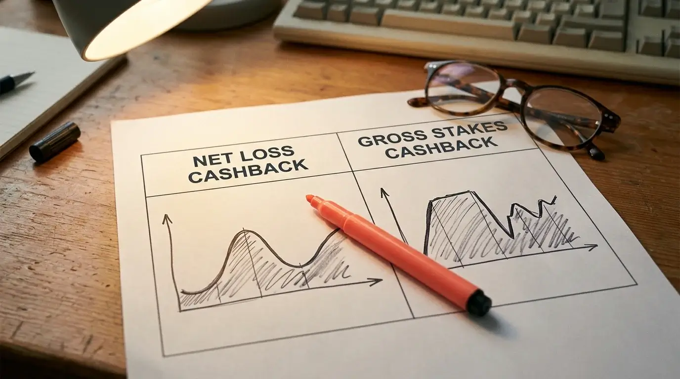 Analyst comparing net-loss and gross-stake cashback formulas on printed casino documentation with handwritten notes