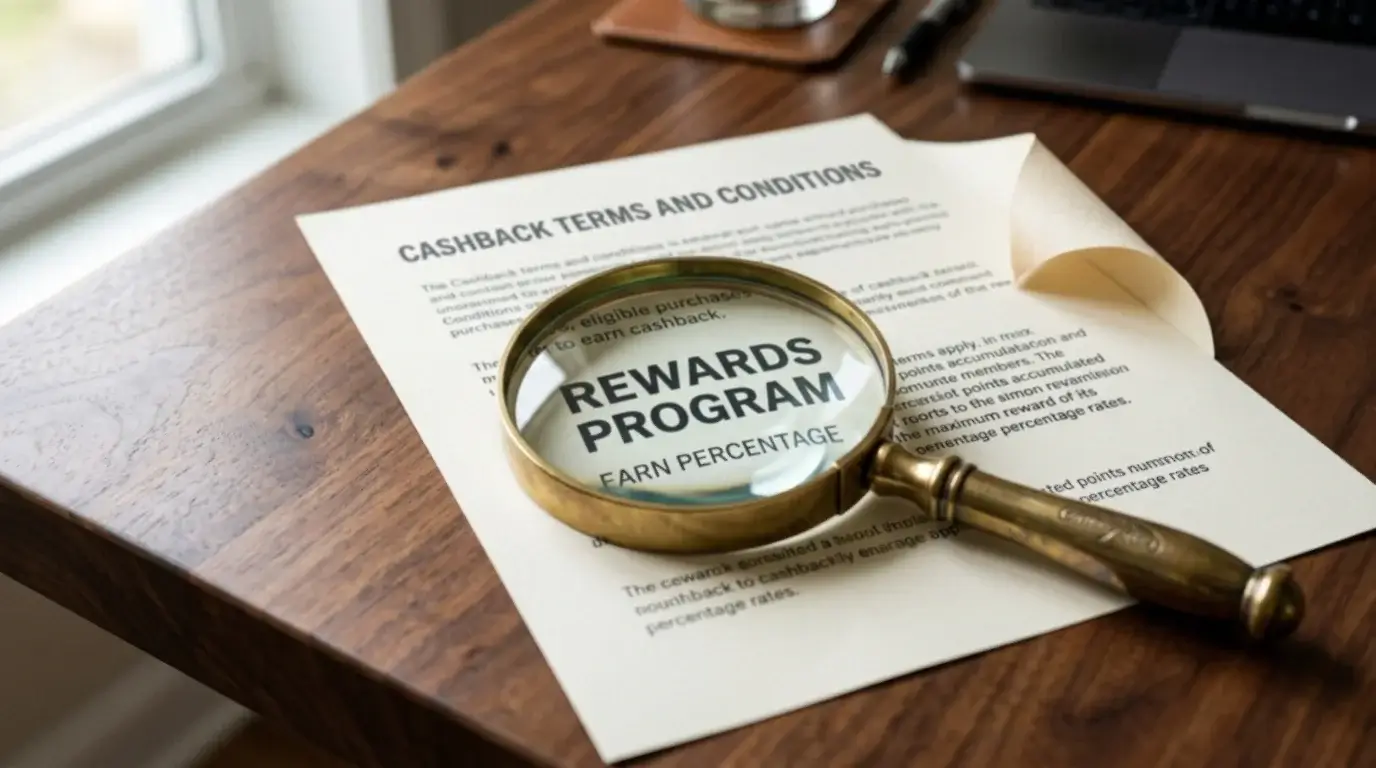 A printed terms-and-conditions sheet partially curled at the corner with a magnifying glass resting on top
