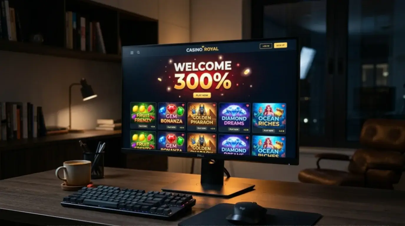 Offshore casino lobby with a large welcome bonus banner overlaid on slot game tiles in a dim room