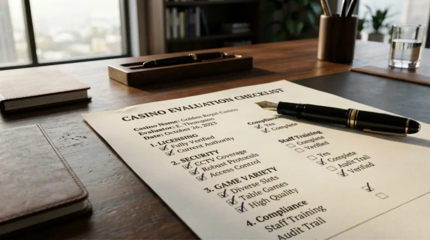 Printed checklist document with five ticked items resting on a wooden desk beside a fountain pen