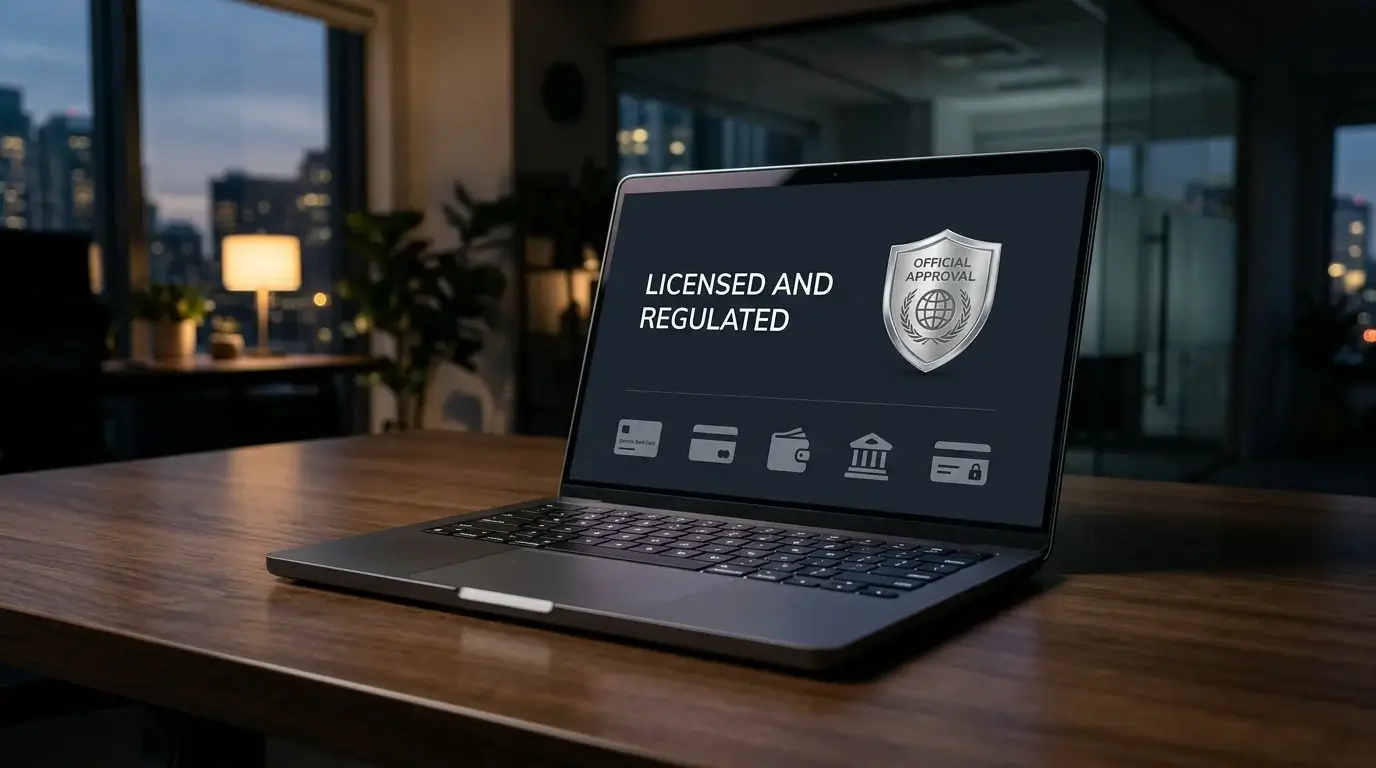 Generic casino website footer area displaying a licence badge on a laptop screen