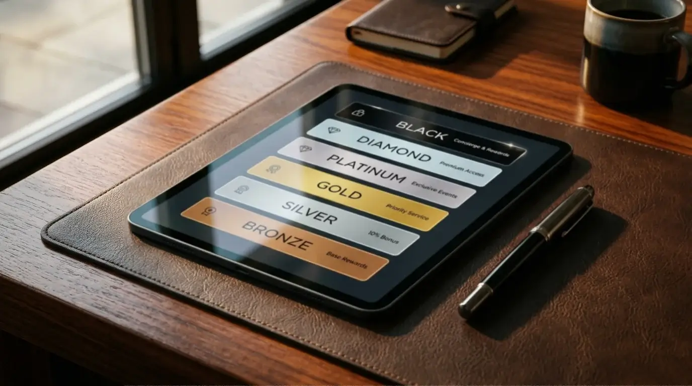 Casino loyalty programme tier ladder display on tablet screen showing rank progression