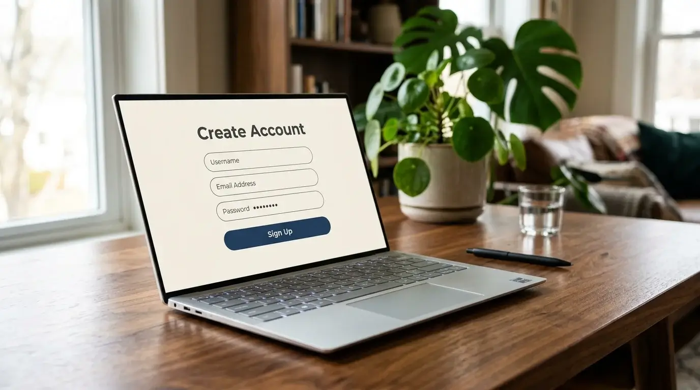 Laptop on desk showing a minimal casino registration interface with no document upload yet