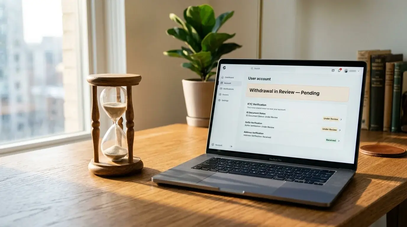 Hourglass beside a laptop screen showing a pending non-GamStop casino withdrawal in operator review with KYC checks