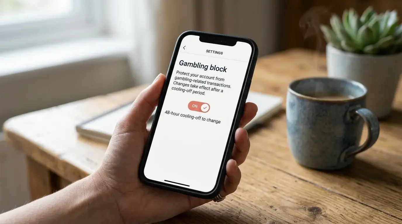 Challenger-bank app on a smartphone showing the gambling block toggle and 48-hour cooling-off notification