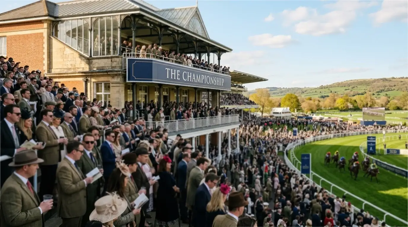Wide view of a British racing festival main stand crowd in afternoon spring light