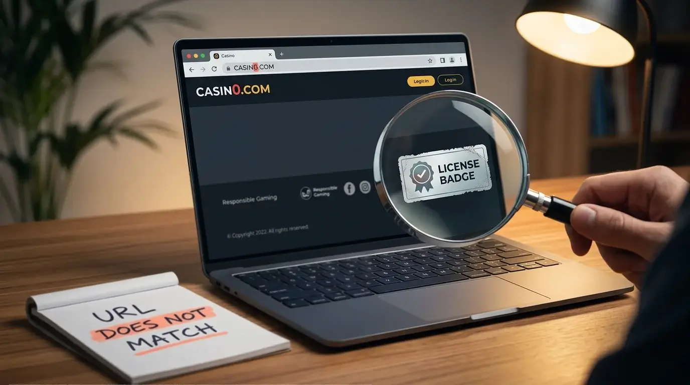 Magnifying glass over a suspicious casino URL with a fabricated licence badge representing a cloned offshore site
