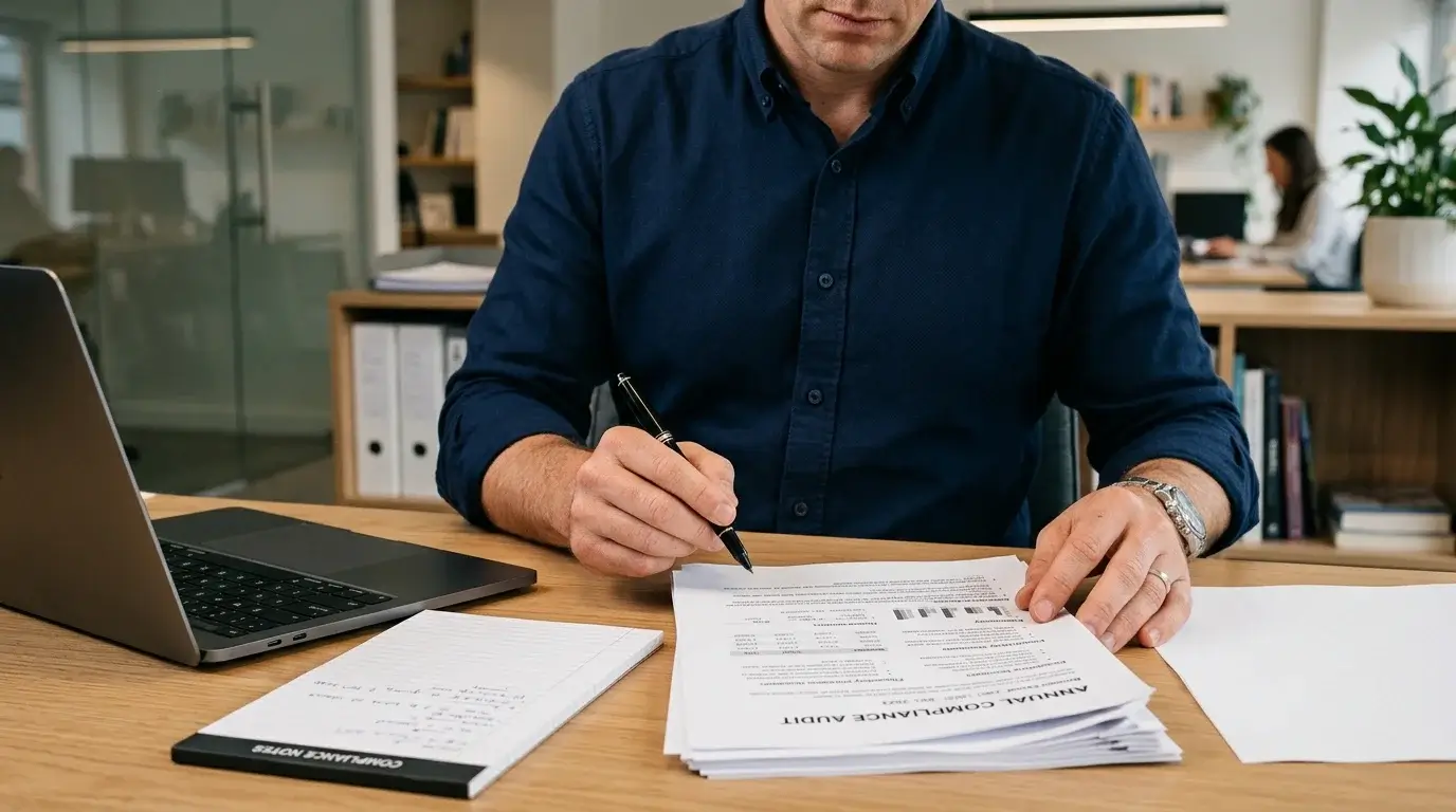 Compliance professional reviewing printed documents at office desk with notepad