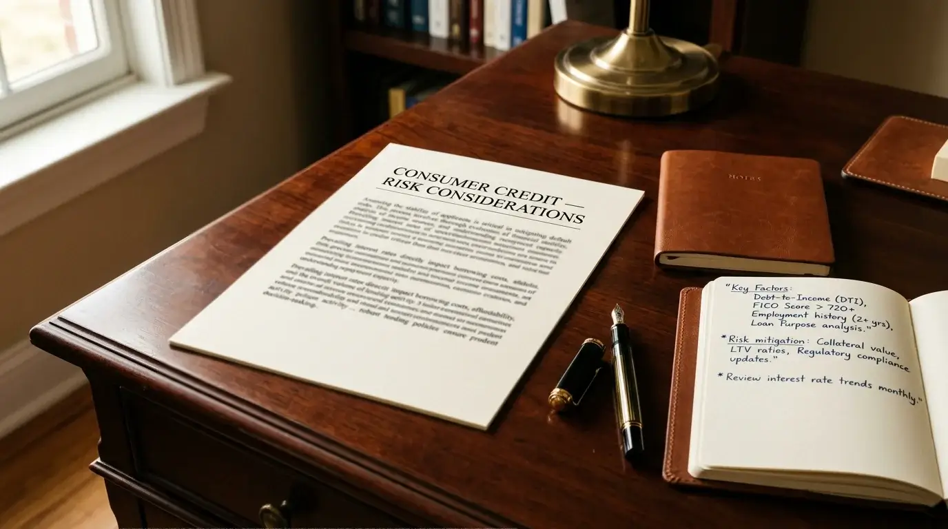 Document and notes about consumer credit risk on a clean editorial desk