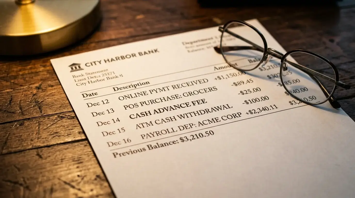 Anonymised credit card statement page highlighting a cash-advance fee line