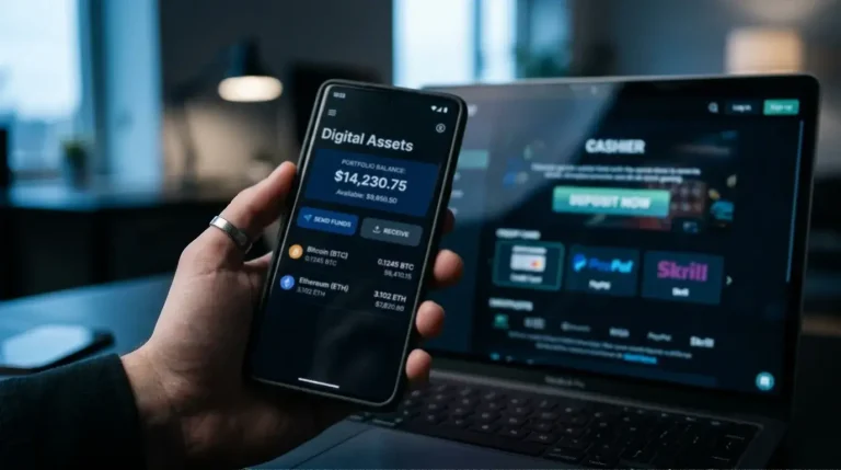 Cryptocurrency wallet interface connecting to an offshore casino cashier