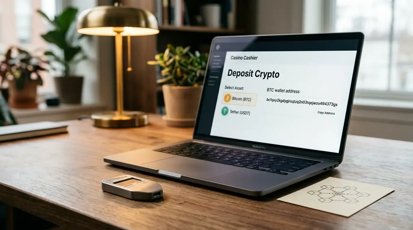 Symbolic Bitcoin and stablecoin icons flowing from a hardware wallet into a non-GamStop casino cashier on a laptop
