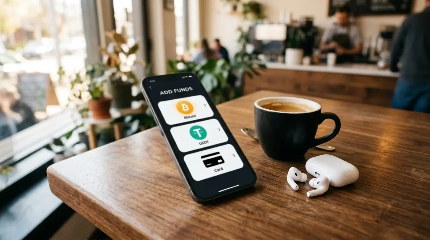 Smartphone showing a deposit screen with Bitcoin, USDT and card symbols next to a mug of black coffee
