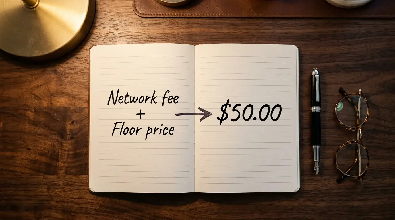Notebook page showing handwritten arithmetic of crypto network fees and deposit minimums