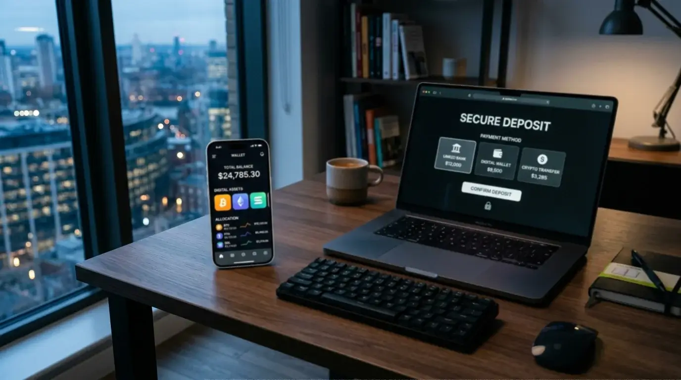 Crypto wallet app and offshore casino website displayed side by side on two devices