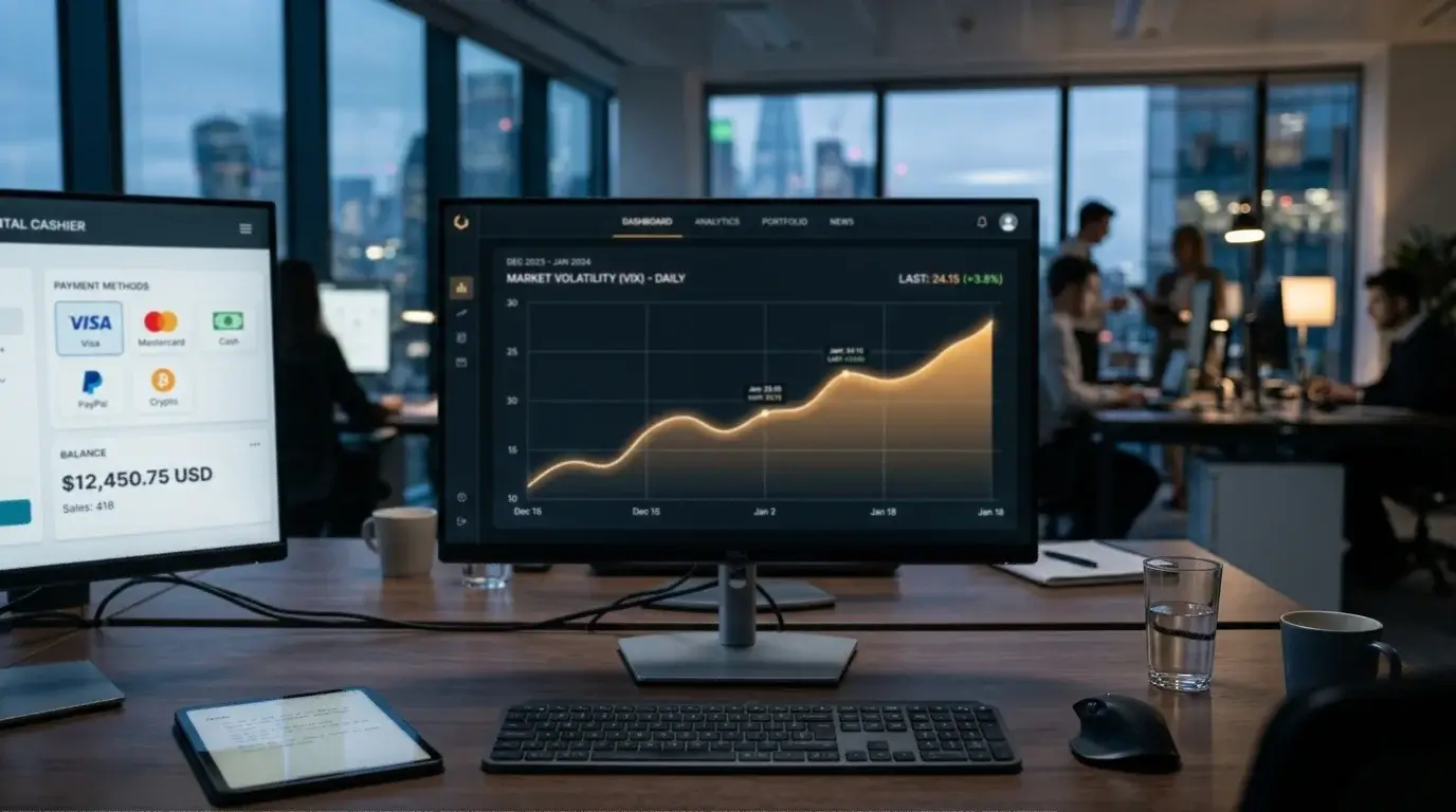 Smooth line chart showing crypto price volatility behind a generic cashier screen