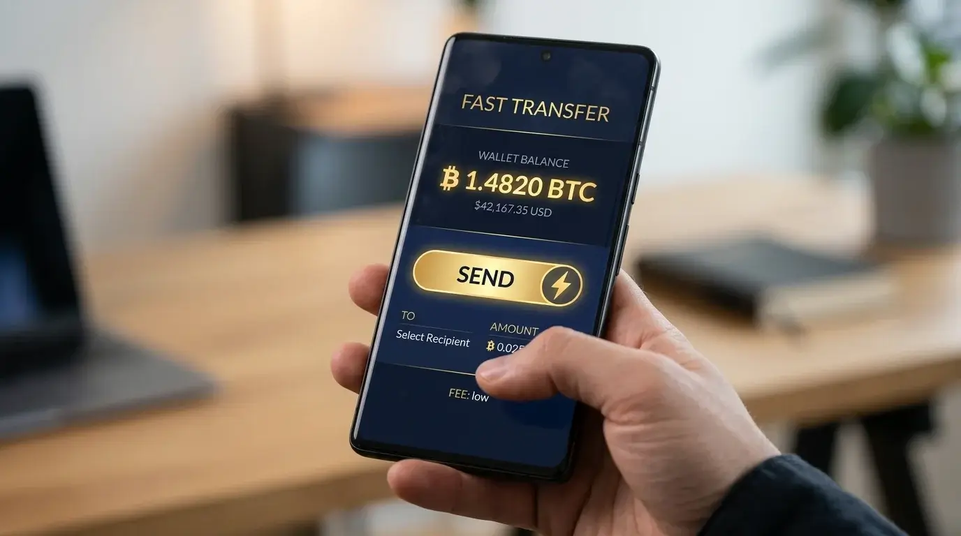 Smartphone displaying a stylised crypto wallet send-screen with a lightning bolt icon