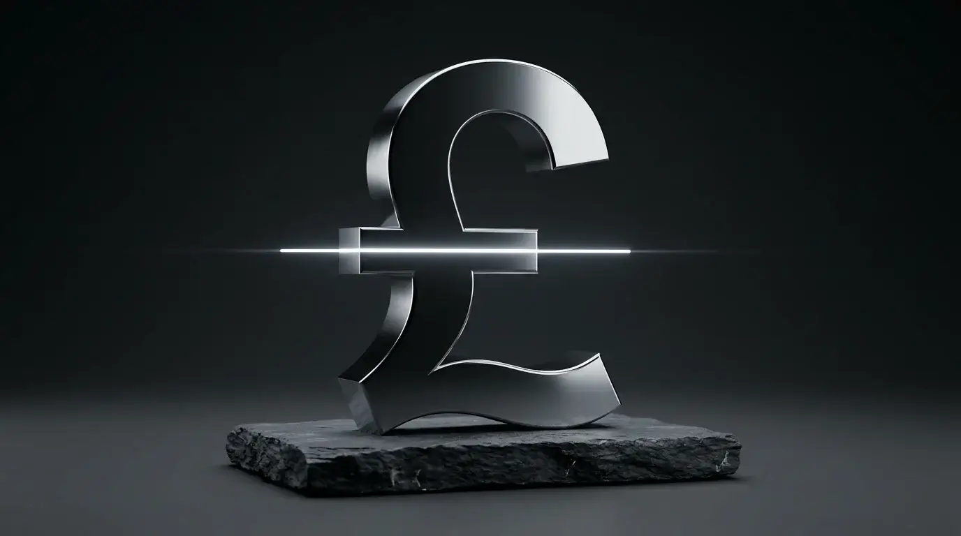 Large symbolic pound-sterling sign with a thin horizontal threshold line drawn across its midpoint