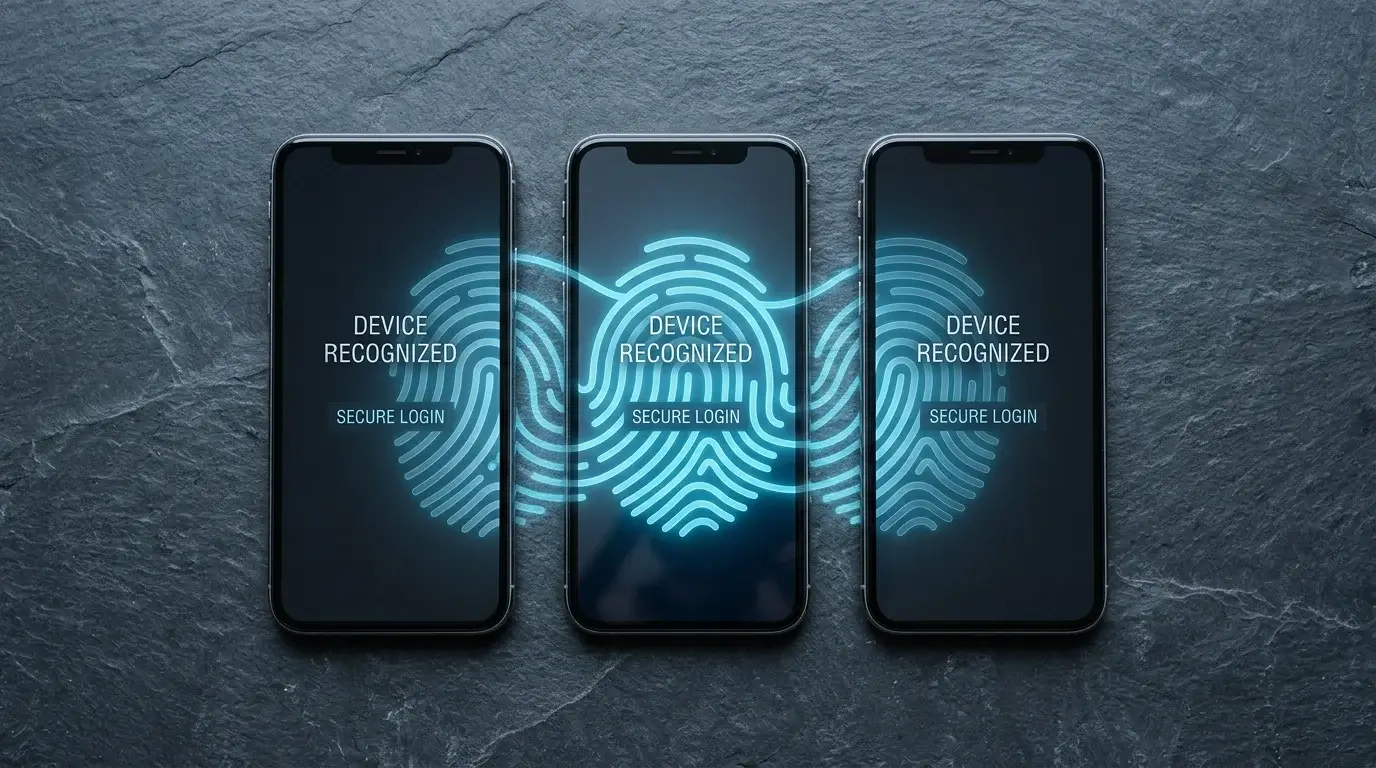 Three smartphones arranged in a row with a faint digital fingerprint overlay across them