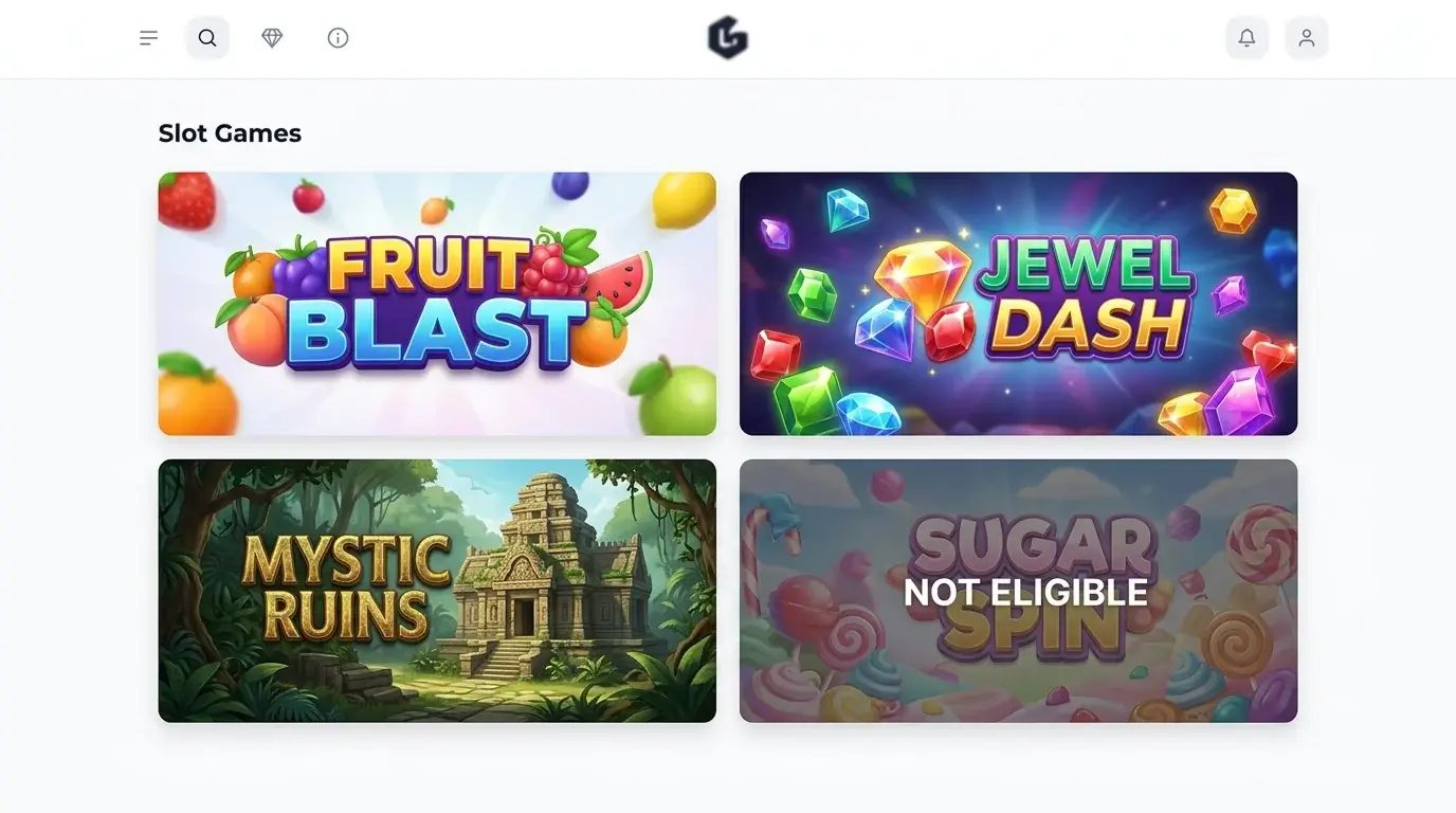A casino lobby grid showing four slot thumbnail tiles with one greyed-out as ineligible