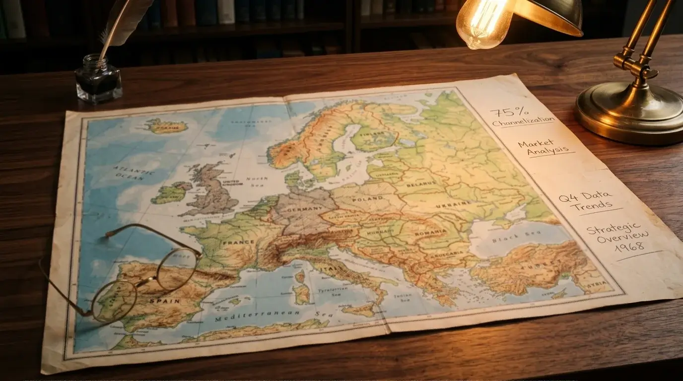 Paper map of Europe on a desk with hand-drawn shading marking countries with higher offshore market share