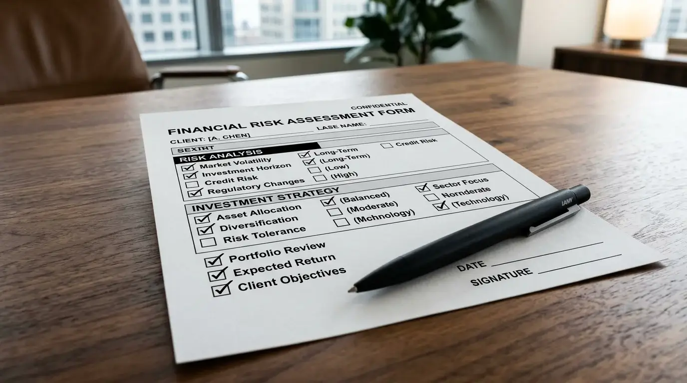 Printed assessment form with several checked tick boxes resting on a desk beside a black ballpoint pen