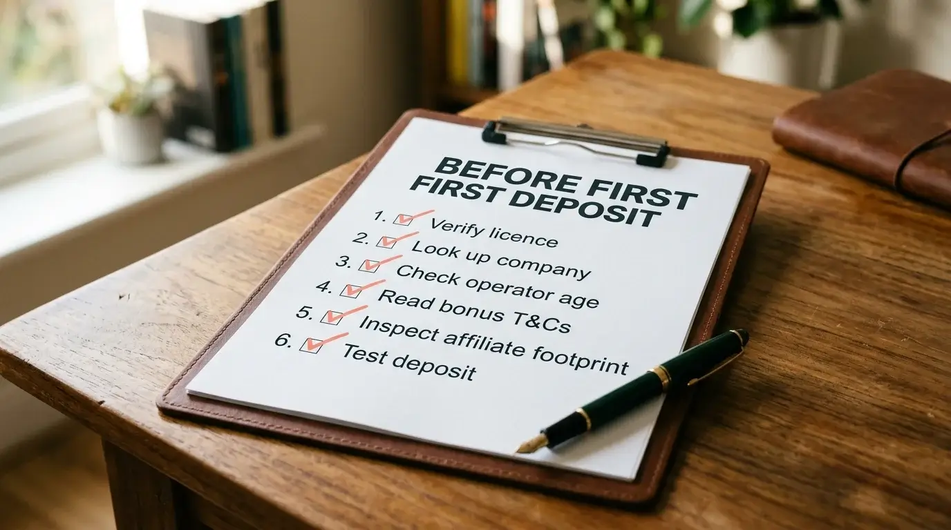 Due-diligence checklist on a clipboard listing licence verification, company lookup and test-deposit steps before depositing