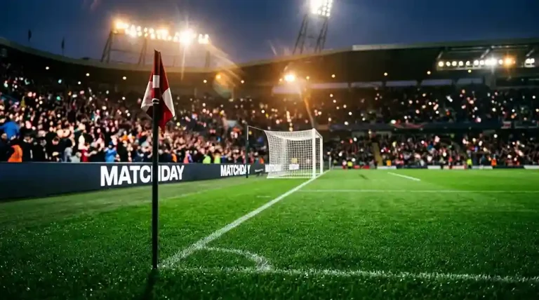 Premier League stadium pitch view at evening kick-off with floodlights and stand crowd silhouette