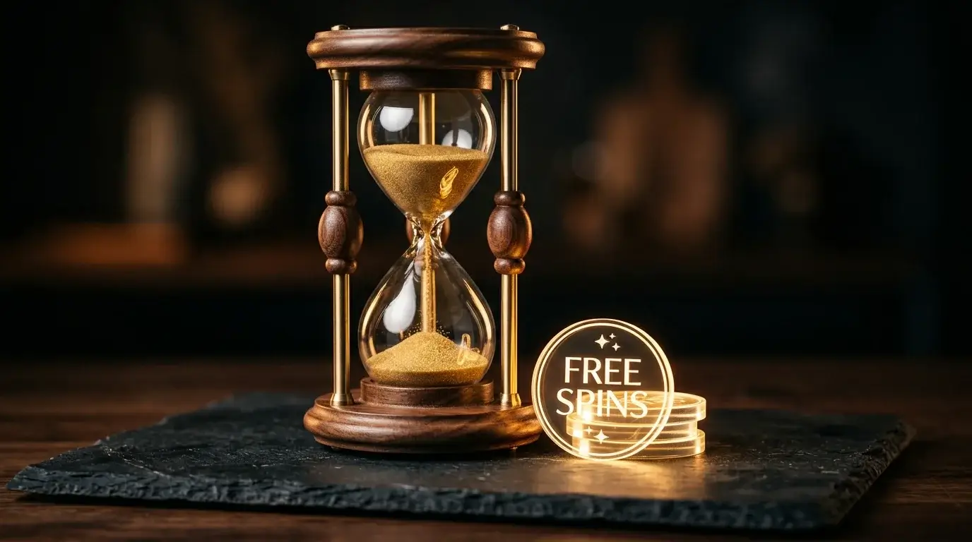 An hourglass with grains of sand falling next to a small batch of glowing spin tokens